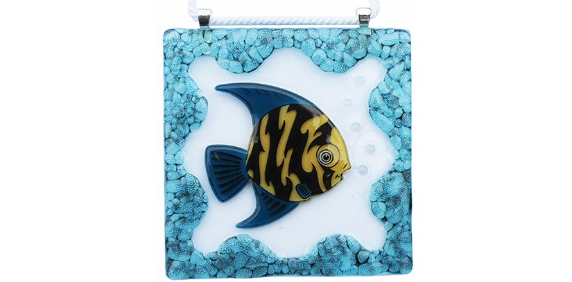 This is a square fused glass artwork featuring a tropical fish with yellow and black stripes and blue fins. It’s surrounded by a textured border of turquoise bubbles, giving the piece an underwater feel with small raised bubbles near the fish’s mouth.