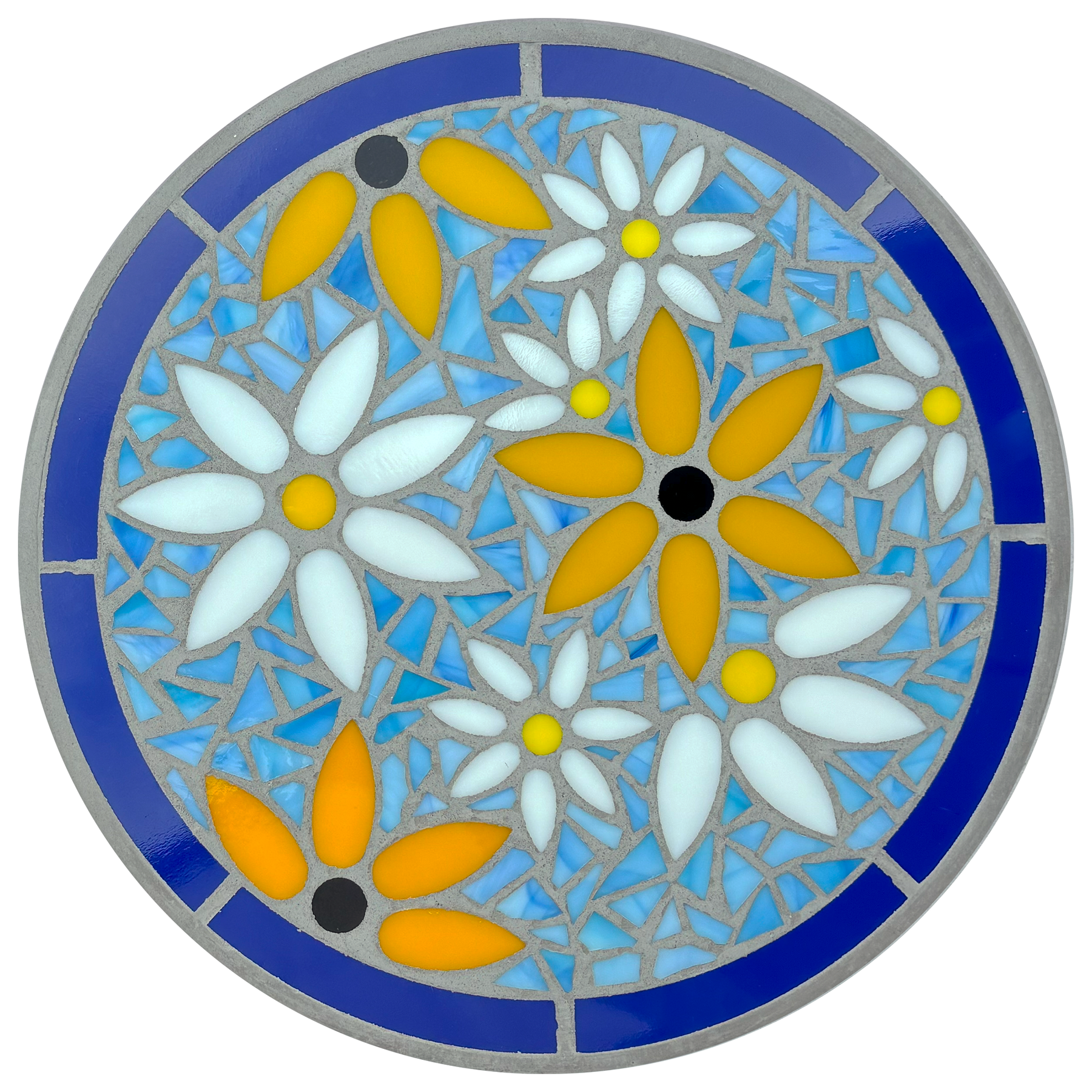 A round mosaic stepping stone featuring white daisies and yellow Black-eyed Susans with yellow and black centers. The flowers are made of precut glass shapes set in a blue background, with a dark blue border around the edge.