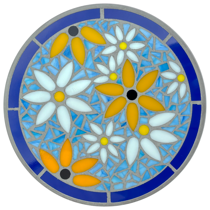 A round mosaic stepping stone featuring white daisies and yellow Black-eyed Susans with yellow and black centers. The flowers are made of precut glass shapes set in a blue background, with a dark blue border around the edge.