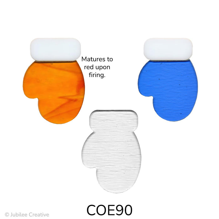 The image shows three fusible precut glass mittens. Each mitten has a main body in red or blue, with a separate rectangular white cuff on top. Also shown is a clear one piece mitten.