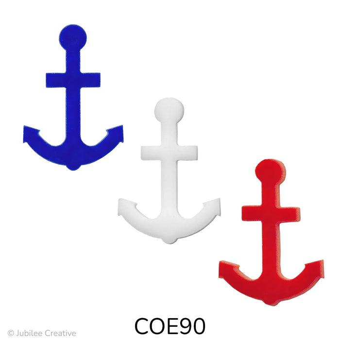 Image of a fusible precut glass anchor - COE90 - Add a nautical touch to your glass art with this precut fusible glass anchor, available in opaque dark blue, red and white. Fun fact: Anchors symbolize stability and hope, and sailors have long used them as good luck charms for safe voyages!
