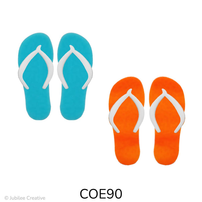 image of two sets of fusible precut glass flip flops. One set has white thongs on a turquoise blue base the other has white thongs on an orange base - COE90