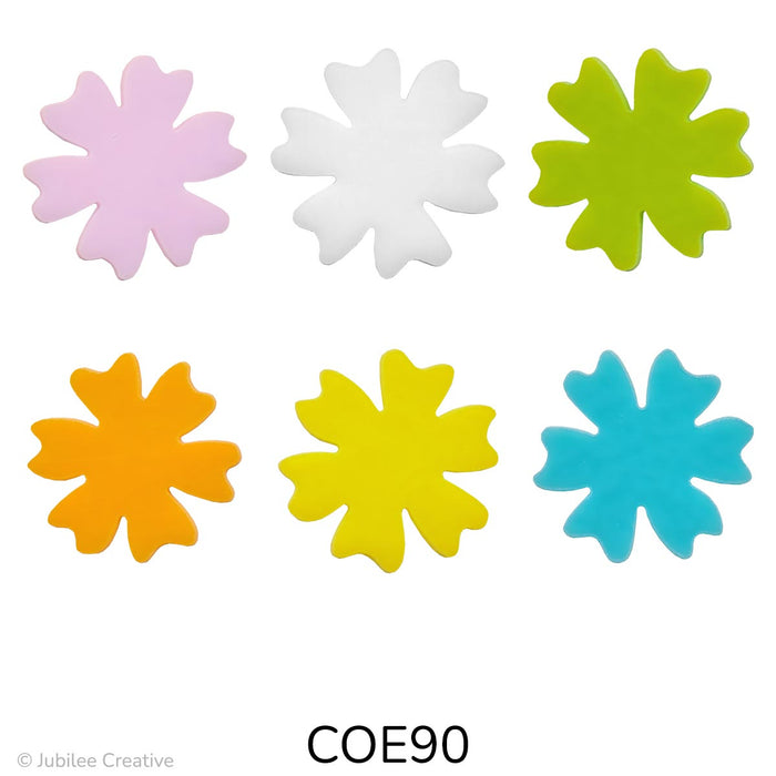 image of a fusible precut glass flower with six petals in an opaque pink, green, white, orange, yellow, and turquoise blue colors - COE90