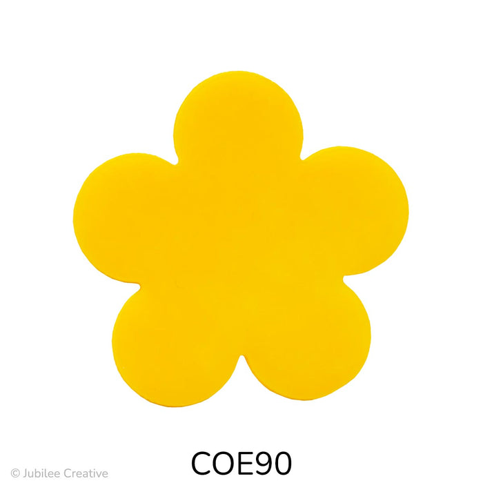 image of a fusible precut glass flower with 5 petals in an opaque sunflower Yellow color. They are available in small, medium, and large - COE90