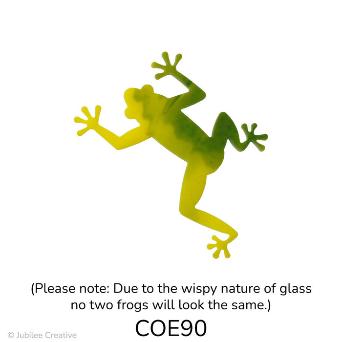images of a fusible precut glass frog with four legs with four toes on each leg. Its color is a mix of yellow and deep green - COE90