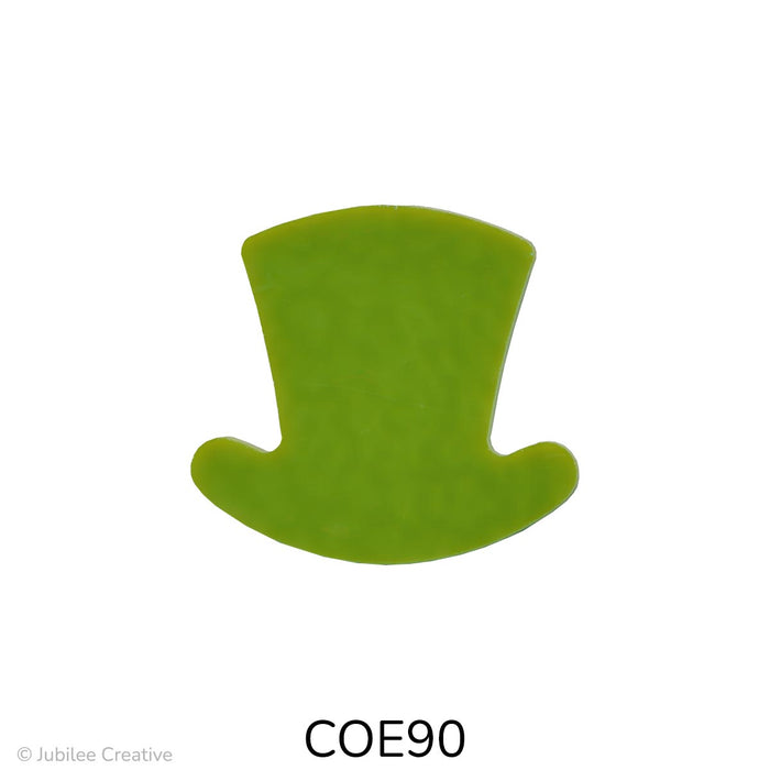 Image of a solid green COE90 fusible precut glass Leprechaun Hat. Fun fact: The leprechaun hat, often adorned with a buckle, symbolizes good fortune and a connection to Irish folklore!