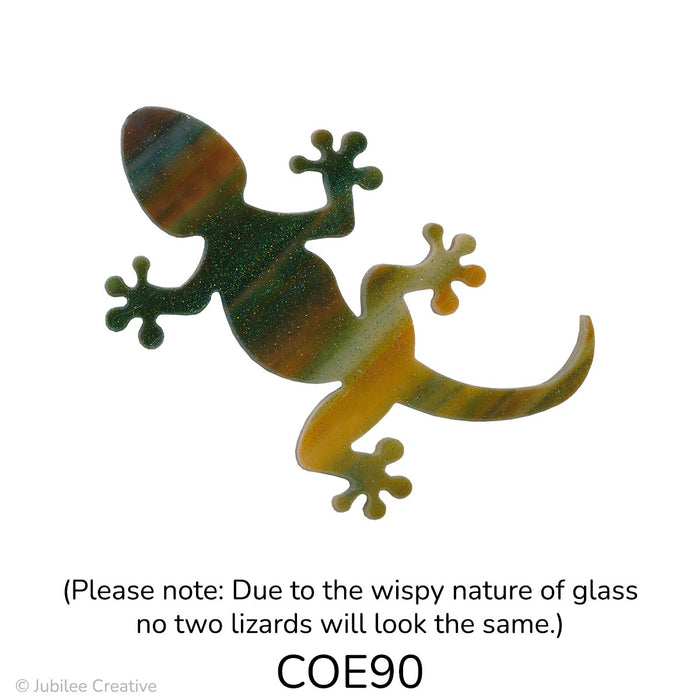 images of a fusible precut glass lizard with four legs with four toes on each leg. Its color is a mix of white, orange, and deep green - COE90