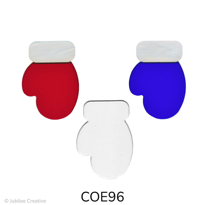 The image shows three fusible precut glass mittens. Each mitten has a main body in red or blue, with a separate rectangular white cuff on top. Also shown is a clear one piece mitten.