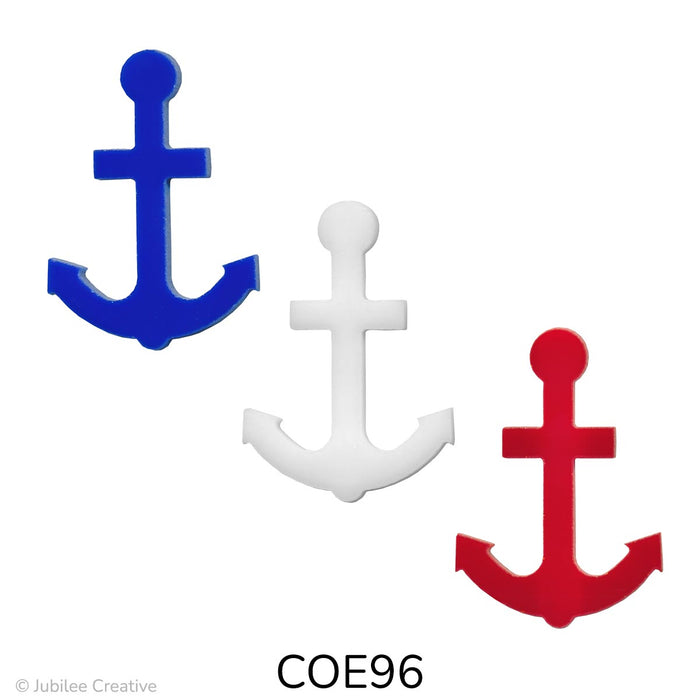 Image of a fusible precut glass anchor - COE96 - Add a nautical touch to your glass art with this precut fusible glass anchor, available in opaque dark blue, red and white. Fun fact: Anchors symbolize stability and hope, and sailors have long used them as good luck charms for safe voyages!
