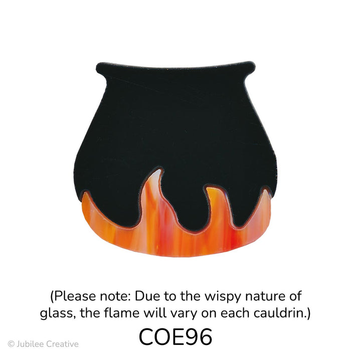 Image shows a black glass cauldron with a marbled mix of orange tones as the flame at the bottom, shaped like stylized fire licking up the pot.