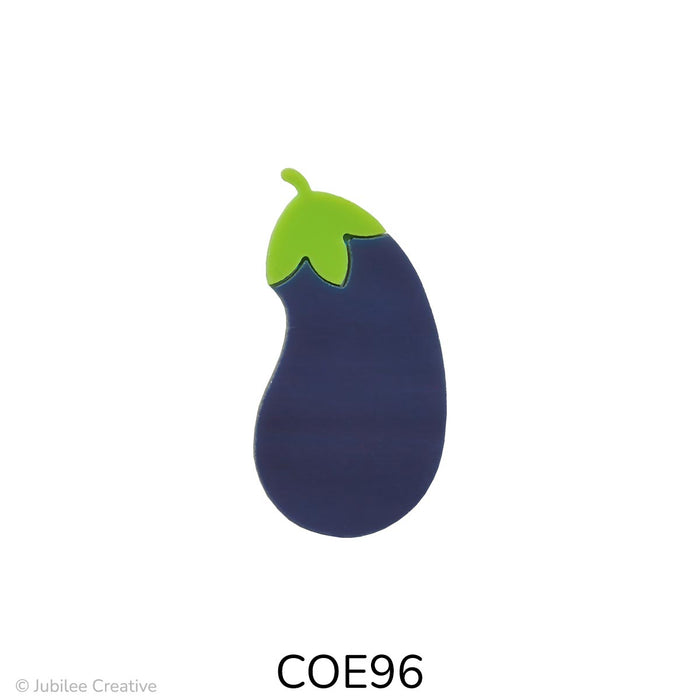Image shows a stylized glass eggplant with a curved, oblong shape. The body is purple with a green leafy cap and a small stem at the top. COE96
