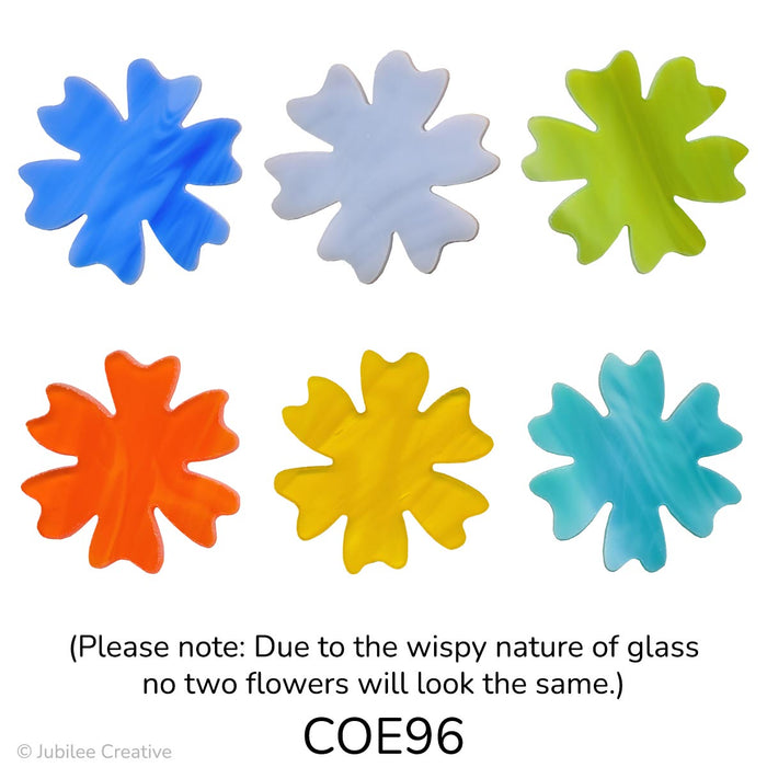 image of a fusible precut glass flower with six petals in an wispy semi opaque blue, green, lavender, orange, teal, and yellow colors - COE96