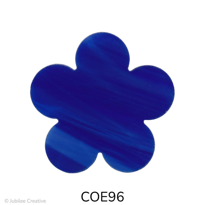 image of a fusible precut glass flower with 5 petals in an opaque wispy blue color. They are available in small, medium, and large - COE96