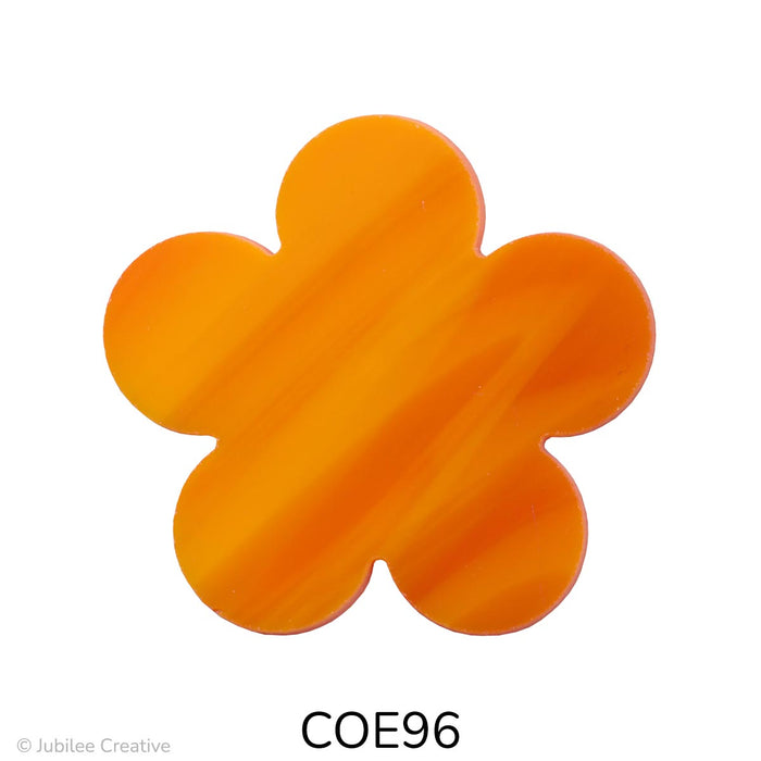image of a fusible precut glass flower with 5 petals in an opaque wispy orange color. They are available in small, medium, and large - COE96