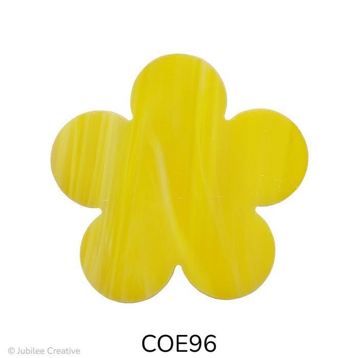 image of a fusible precut glass flower with 5 petals in an opaque wispy yellow color. They are available in small, medium, and large - COE96