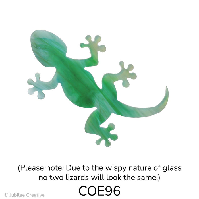 images of a fusible precut glass lizard with four legs with four toes on each leg. Its color is a mix of white and green - COE96