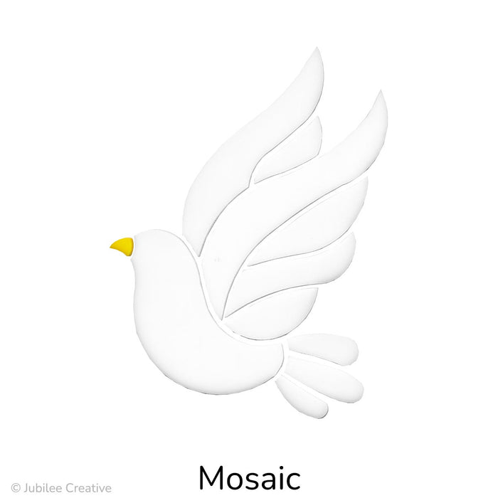 Image of a white mosaic dove made from individual curved glass pieces, with an upward wing span and a small yellow beak. The bird has a graceful, flowing shape and appears to be in flight.