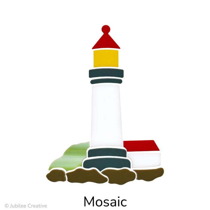 image of a mosaic precut glass light house with a side building. The roof is red, light is yellow building is gray and white with a green hill and brown rocks