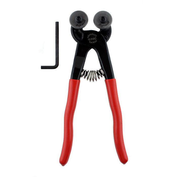 image of a mosaic glass nipper. the tool has two carbide wheels, red nonslip handles, and a spring for comfort.