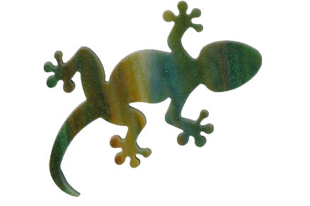 image of a precut glass lizard waterjet cut from Bullseye wispy green glass. the image depicts the product collection of Bullseye precut glass shapes.