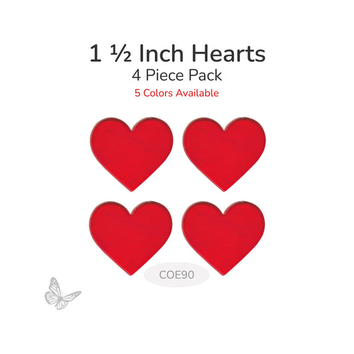 Four red hearts with text indicating 1.5 inch size and 4 piece pack on a white background.