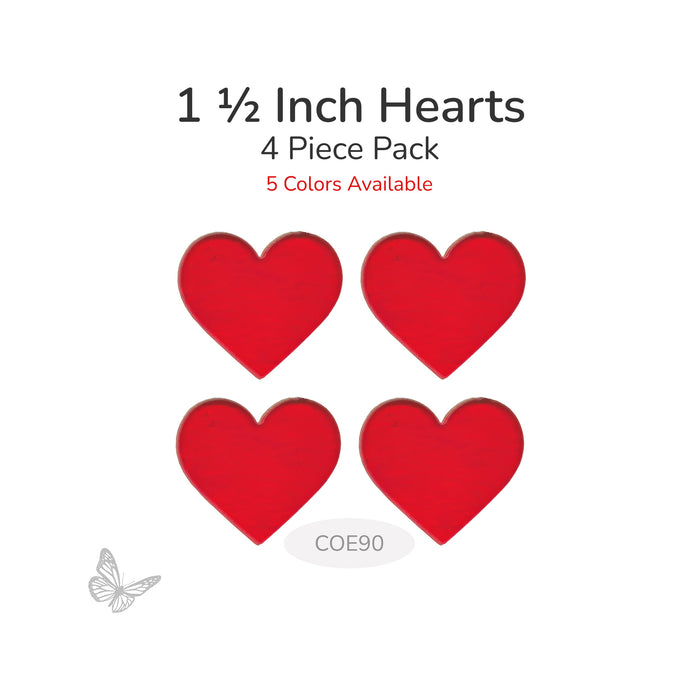 Four red hearts with text indicating 1.5 inch size and 4 piece pack on a white background.
