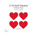 Four red hearts with text indicating 1.5 inch size and 4 piece pack on a white background.
