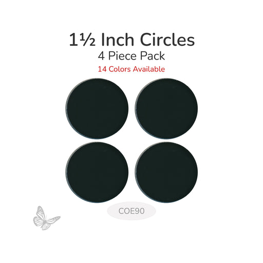 Four black 1.5 inch circles in a 2x2 grid with text indicating '4 Piece Pack' and '14 Colors Available' - COE90
