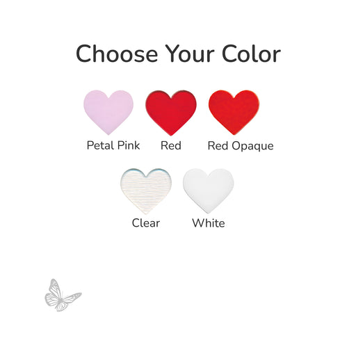Color selection options for heart-shaped items with labels on a white background.