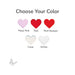 Color selection options for heart-shaped items with labels on a white background.