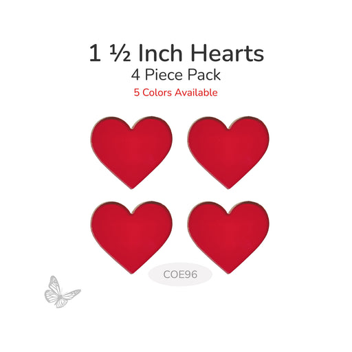 Four red hearts with text indicating a 1.5 inch size and 4 piece pack on a white background.