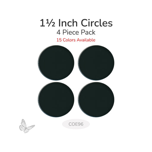 Black COE 96 precut 1 1/2 inch round fusible glass circles shown as a 4 piece pack on white background.