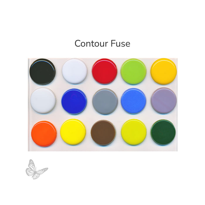 Sample of each COE96 opaque glass color contour fused on white glass.