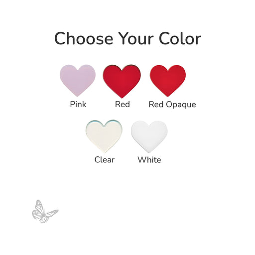 Color selection options for pink, red, red opaque, clear, and white with a butterfly icon at the bottom.