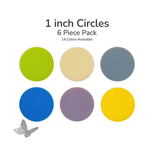 Six opaque precut COE90 glass circles, 1 inch diameter, shown on a white background. Sold as a six-piece pack with multiple color options available.