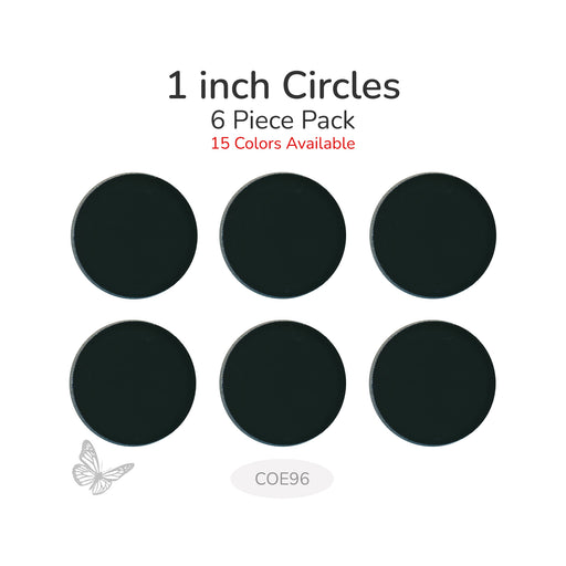 Black COE 96 precut 1 inch round fusible glass circles shown as a 6 piece pack on white background.