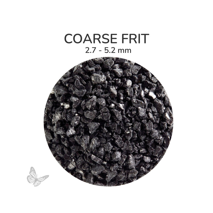 Close-up of Bullseye Black Opalescent 000100 Coarse Frit showing 2.7 to 5.2 mm particles.