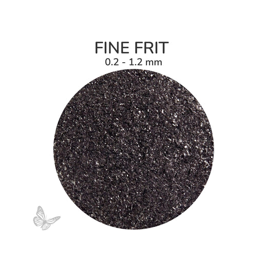 Close-up of Bullseye Black Opalescent 000100 Fine Frit showing 0.2 to 1.2 mm particles.