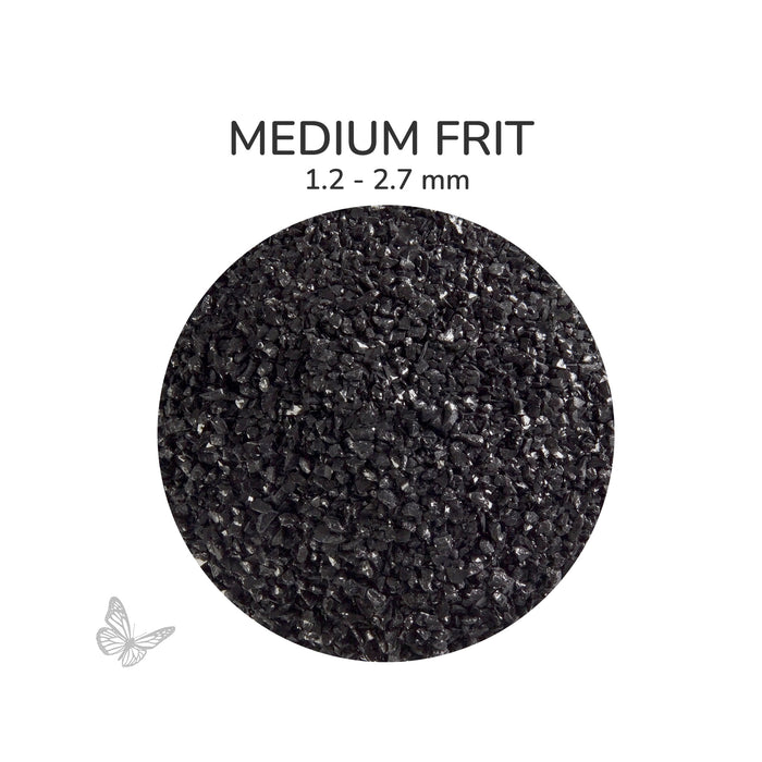 Close-up of Bullseye Black Opalescent 000100 Medium Frit showing 1.2 to 2.7 mm particles.