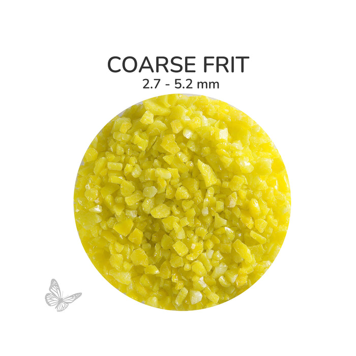 Close-up of Bullseye Canary Yellow Opalescent 000120 Coarse Frit showing 2.7 to 5.2 mm particles.