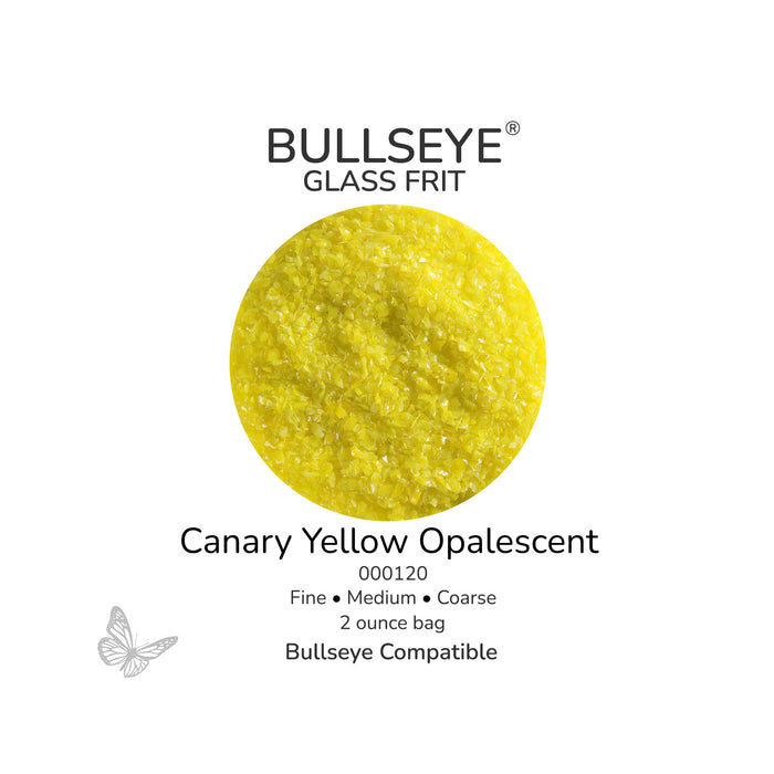 Bullseye Canary Yellow Opalescent 000120 glass frit, 2 ounce bag, available in fine, medium and coarse sizes.