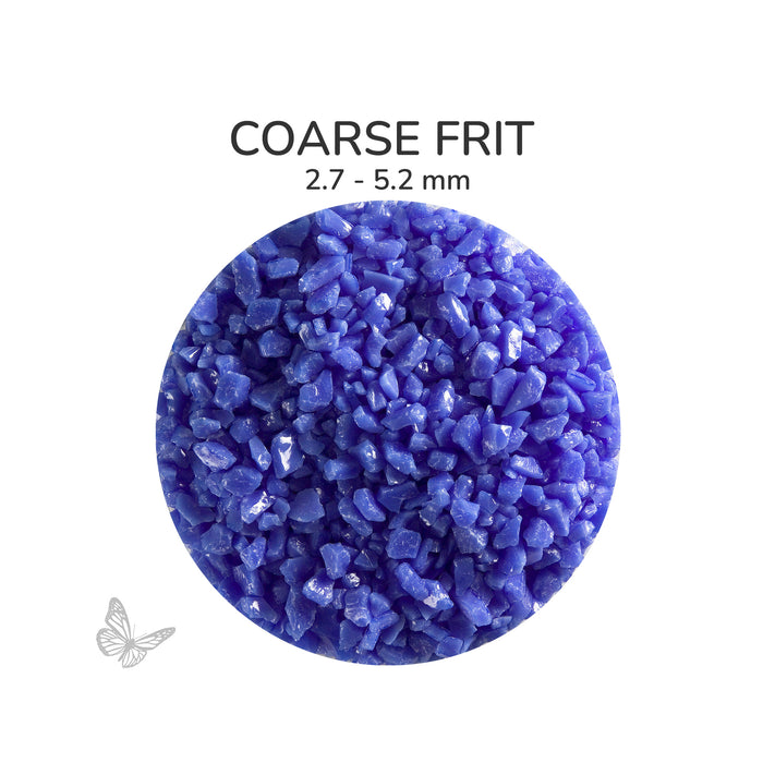 Close-up of Bullseye Cobalt Blue Opalescent 000114 Coarse Frit showing 2.7 to 5.2 mm particles.