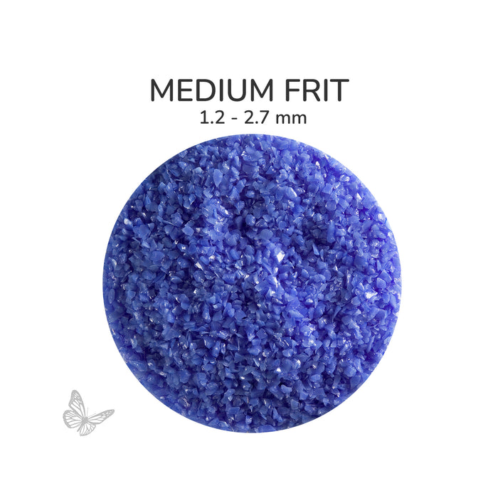 Close-up of Bullseye Cobalt Blue Opalescent 000114 Medium Frit showing 1.2 to 2.7 mm particles.