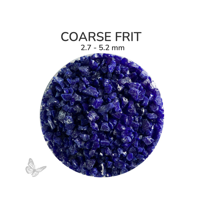 Close-up of Bullseye Deep Cobalt Blue Opalescent 000147 Coarse Frit showing 2.7 to 5.2 mm particles.