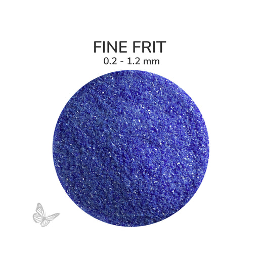 Close-up of Deep Bullseye Cobalt Blue Opalescent 000147 Fine Frit showing 0.2 to 1.2 mm particles.