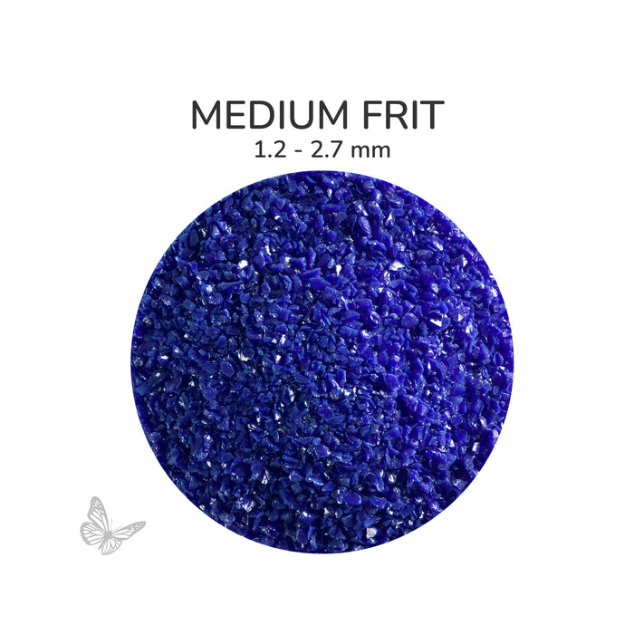 Close-up of Deep Bullseye Cobalt Blue Opalescent 000147 Medium Frit showing 1.2 to 2.7 mm particles.
