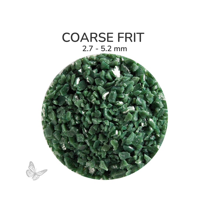 Close-up of Bullseye Forest Green Opalescent 000141 Coarse Frit showing 2.7 to 5.2 mm particles.