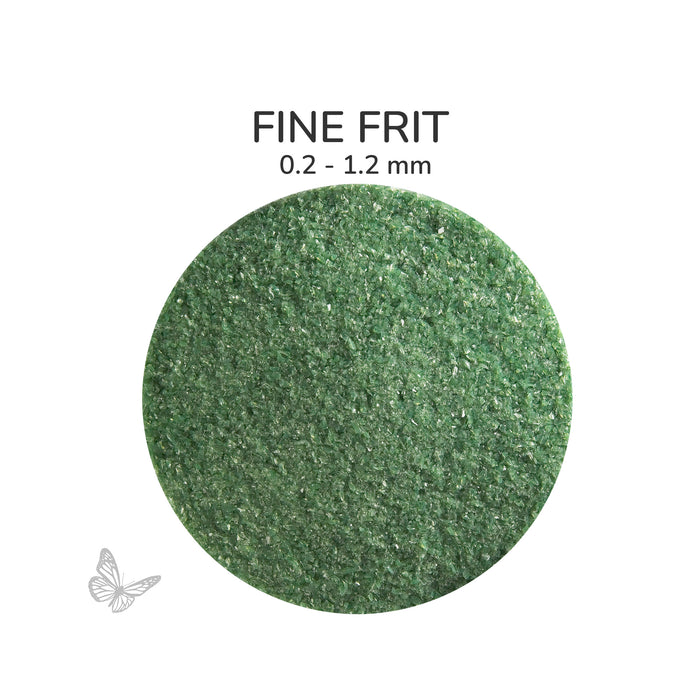 Close-up of Bullseye Forest Green Opalescent 000141 Fine Frit showing 0.2 to 1.2 mm particles.