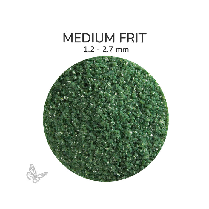 Close-up of Bullseye Forest Green Opalescent 000141 Medium Frit showing 1.2 to 2.7 mm particles.