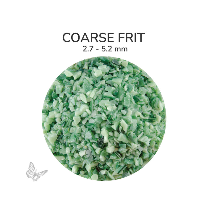 Close-up of Bullseye Green White Opalescent 002112 Coarse Frit showing 2.7 to 5.2 mm particles.